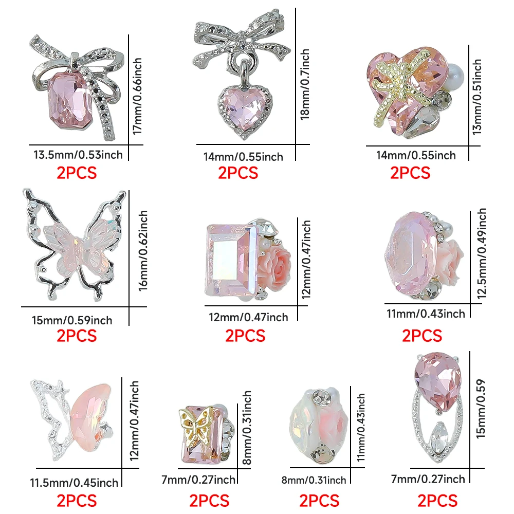 20pcs 3D 반짝 이는 핑크 크리스탈 네일 보석 돌 럭셔리 합금 나비 열 Bowtie 네일 매력 7mm-17mm 귀여운 핑크 다이아몬드 쥬얼리 8 #