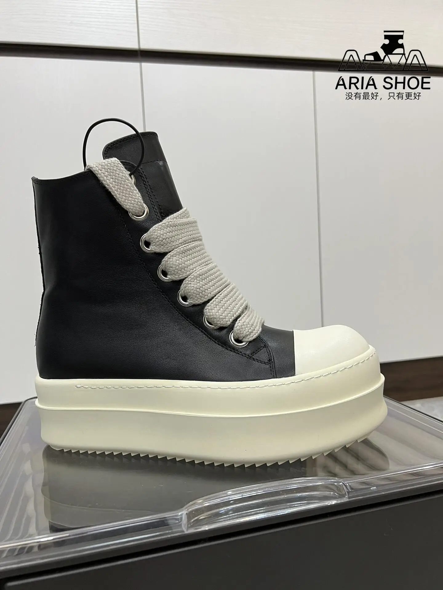 Ricks Classic Beige Black Thick Sole Thick Shoelaces Cowhide High Top Luxury Owens Casual Leather Shoes Owens Leahter Ankle Boot