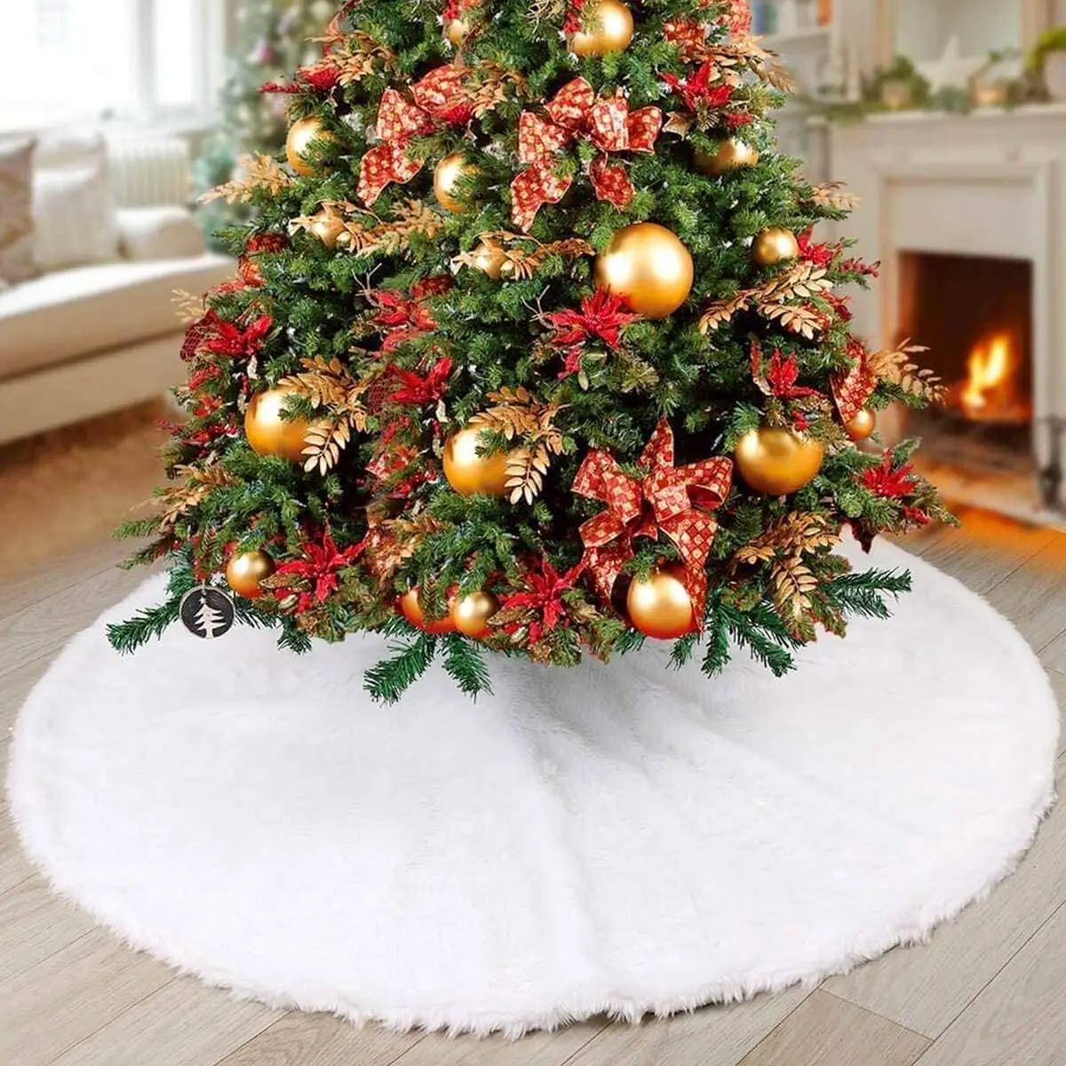 10 Pieces 24 Inch Christmas Tree Skirt, White Tree Skirt with Faux Fur Edge, Luxury Thick Rustic Christmas Tree Decorations Xmas