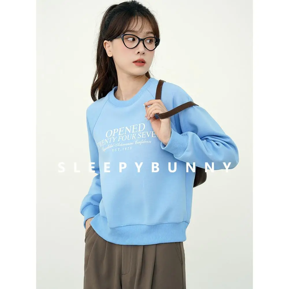 Chic Girl Crewneck Sweatshirt with Letter Print Korean Style Loose Pullover Soft Blue Casual Top for Teen Girls and Young Women
