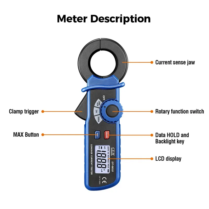 CEM DT-9810 Mini probador de corriente de fuga de CA pantalla multímetro Digital probador de pinza amperimétrica automática