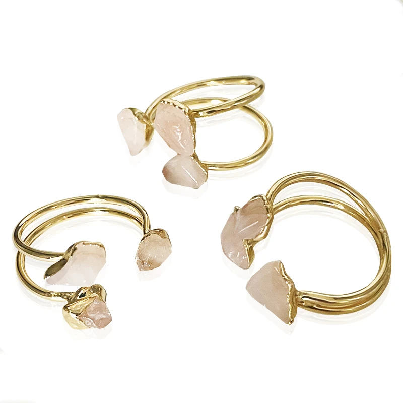 Three Stones Irregular Rose Quartz Open Ring for Women Girls Gold-color Boho Rough Pink Crystal Finger Jewelry Resizable