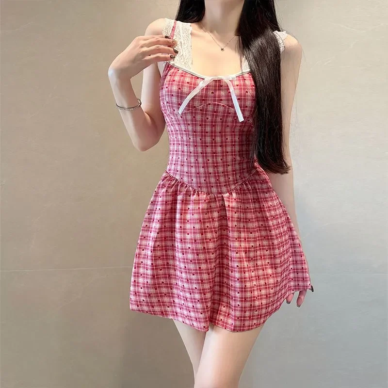 

French Lace Plaid Heart Print Slim Conservative One Piece Beach Swimwear S-2XL