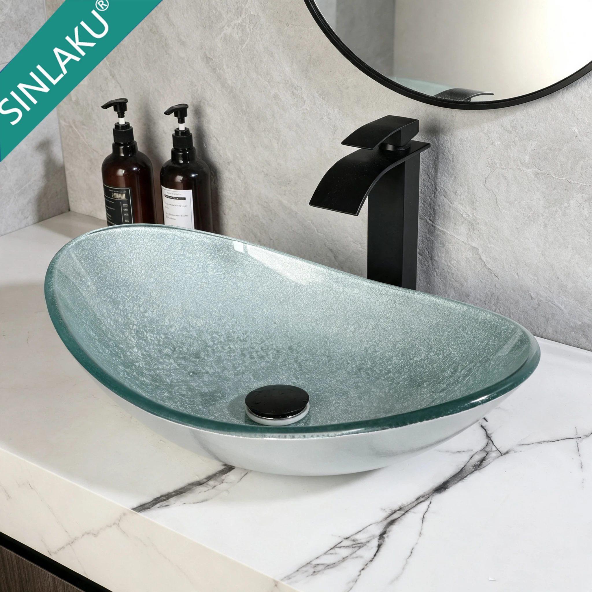 SINLAKU Tempered Glass Vessel Sink Combo Cracked Texture Oval Glass Wash Basin Matte Black Waterfall Bathroom Faucet Set Above