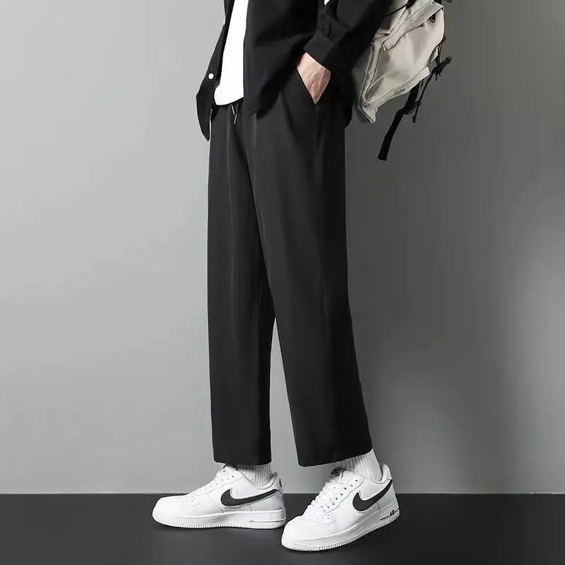 

Ice Silk Loose Leggings Pure Color Nine Points Summer Casual Pants for Men Thin Straight Tube Trousers High Waist Polyester F...