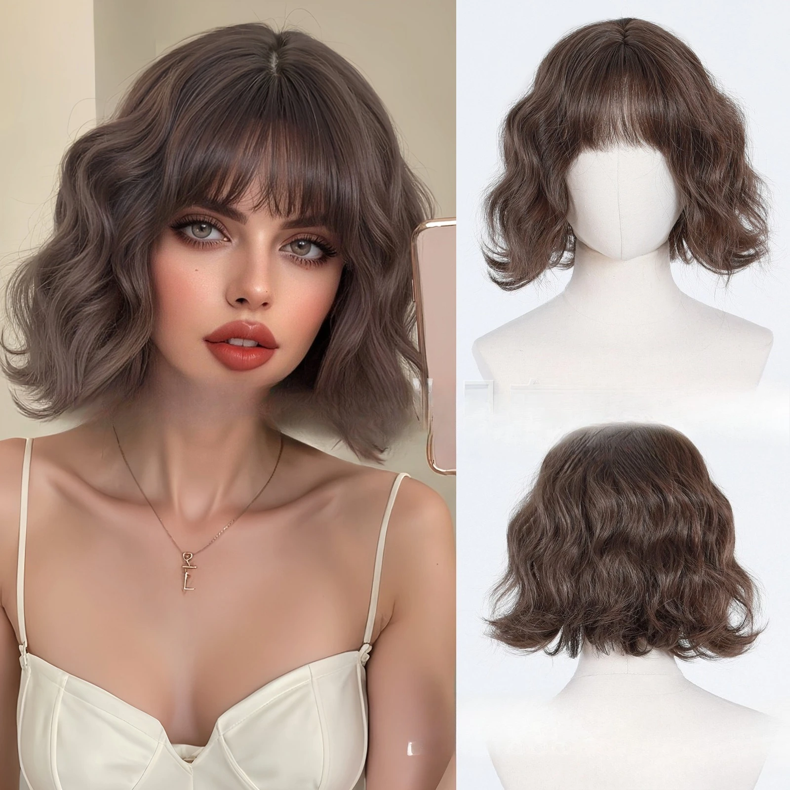 

Wig female full hood brown Qi bangs bobo short curly hair fashion lazy wigs