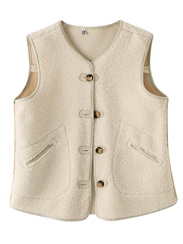 

Lamb Fur Vest Outerwear Layering Loose Fit Faionable Small Size Jaet Coat Versatile V-Ne Button-Up Regular Length