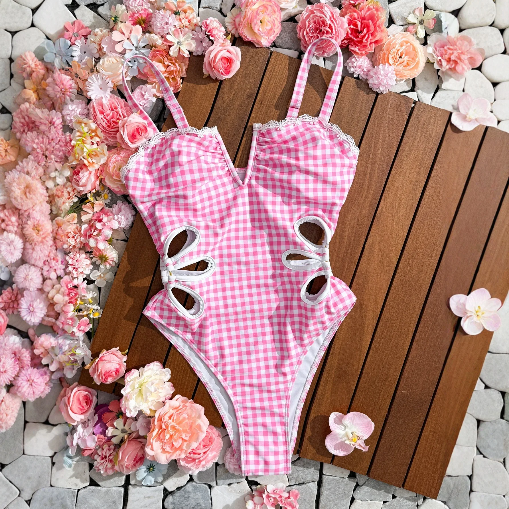 Traje de baño adelgazante de una pieza, diseño de cintura con corte lateral y estampado de guingán, traje de baño Sexy, traje de baño con corsé de verano, trajes de playa para nadar