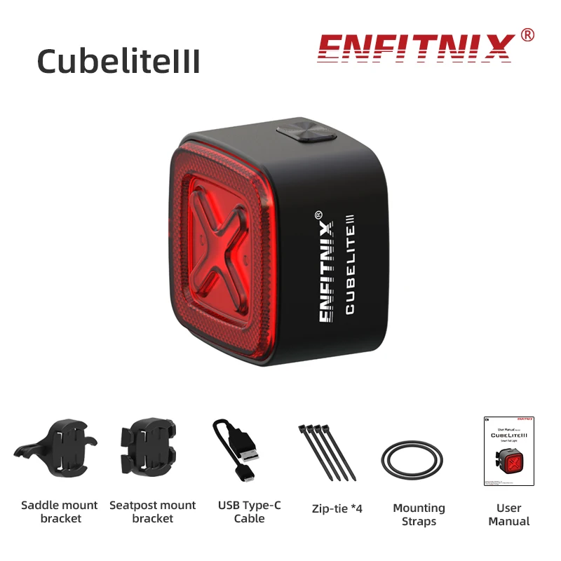 

Задний фонарь для велосипеда Enfitnix Cubelite3, задний фонарь для велосипеда, умный задний фонарь, автоматический запуск/стоп-сигнал, фонарь с датчиком освещения, водонепроницаемость IPX6