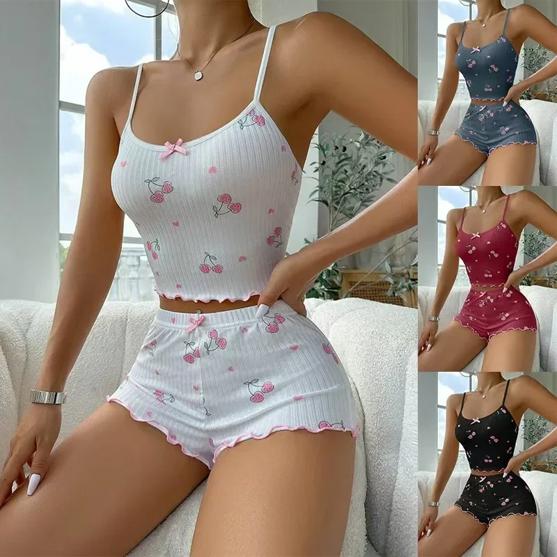 

Summer Women's Sleepwear Set Elastic Waist Shorts Printed Strap Home Clothes Comfortable Breathable Sleeveless Nightgown