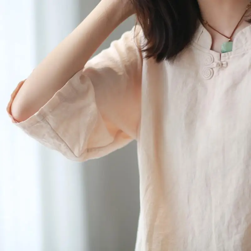 

Дышащий льняной халат свободного кроя для женщин, летний, модный, с защитой от солнца, традиционный китайский дизайн с пуговицами, повседневный, прямого кроя