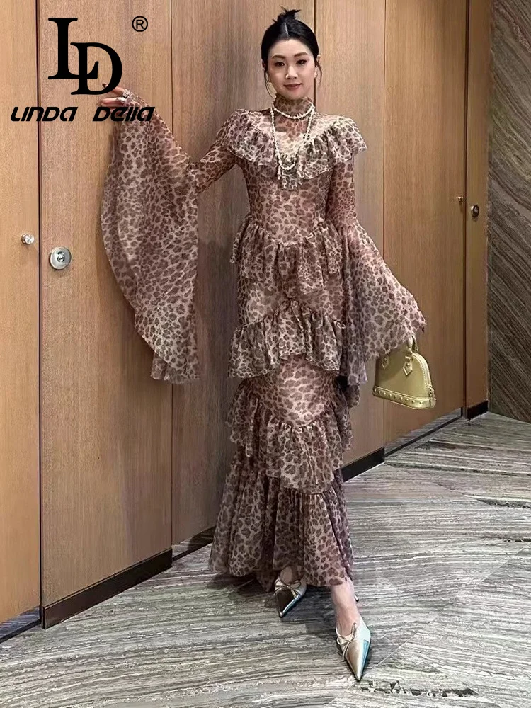 LD LINDA DELL Mangas trompete com estampa de leopardo e pregas em camadas, bordas de fungo preto, mangas compridas, vestido fashion slim fit