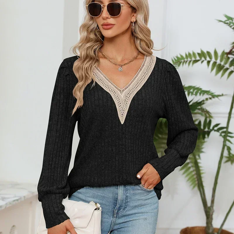 

Casual Solid Loose Pullovers Tees Autumn Winter Knitted T-Shirts Fashion Lace V-neck Tshirts Women Long Sleeve Clothes 29666