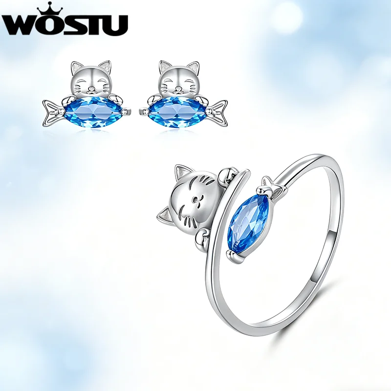 WOSTU Cute Cat With Fish Open Rings Stud Earrings set For Women, White Gold Plated Hypoallergenic Gifts For Pet Lover Daughter