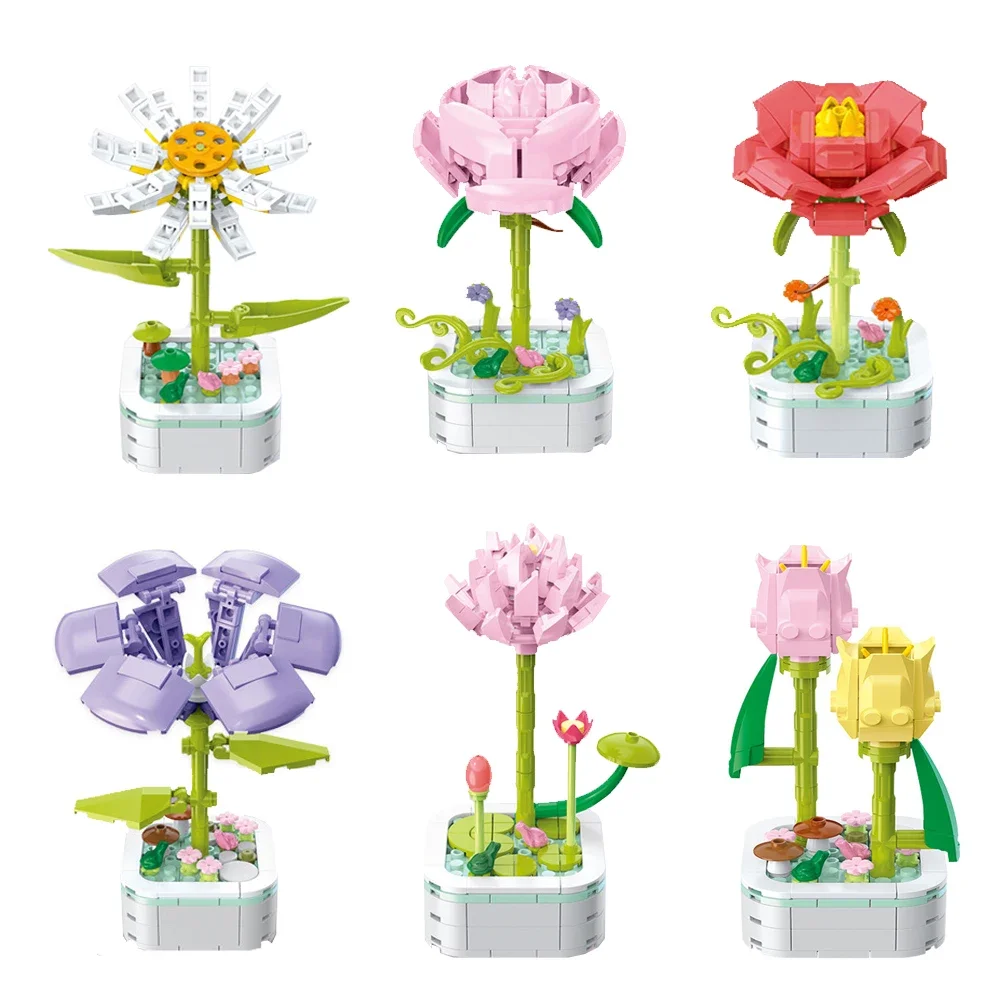 Flower Building Blocks Pink Rose Sunflower Moth Orchid Beautiful Potted Ornaments Assembly Model Toys Couple Girl Creative Gifts