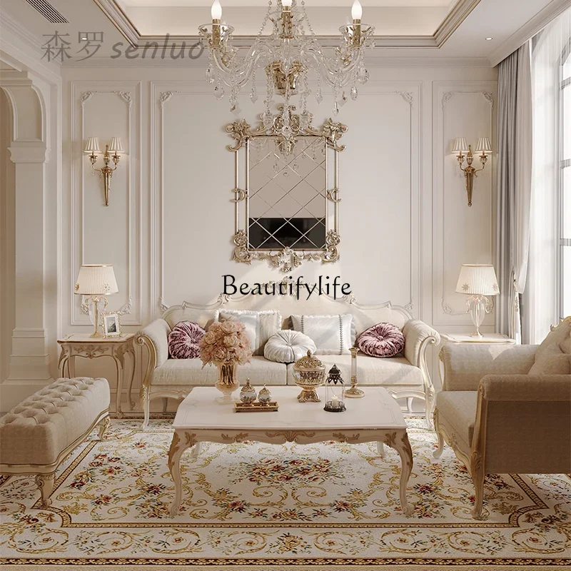 

French Entry Lux Retro Court Cream Style Carved Sofa and Tea Table Neoclassical Romantic