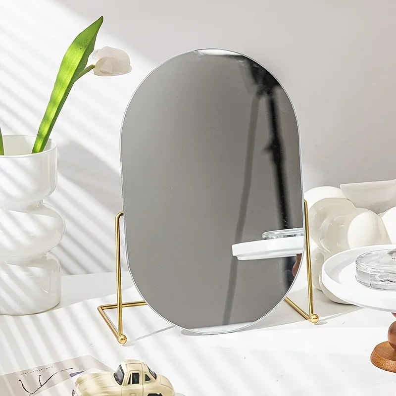 Oval Tabletop Vanity Mirror, 1pc Nordic Style Iron Art Makeup Mirror, Portable Desk Counter Top Mirror for Office, Bathroom Shav
