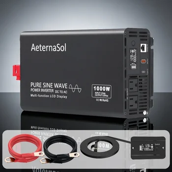 (US Stock 2-5 Days) AeternaSol 1000W Inwerter sinusoidalny 12V DC na 110V 120V AC Konwerter napięcia 2000W z falą sinusoidalną o czystości 100%, wyświetlacz LCD, przewodowy pilot zdalnego sterowania, IP65 Wodoodporny, do kamperów, ciężarówek, samochodów, łodzi, solarny, off-grid, zasilanie awaryjne, zasilanie domowe, Nowość 2026