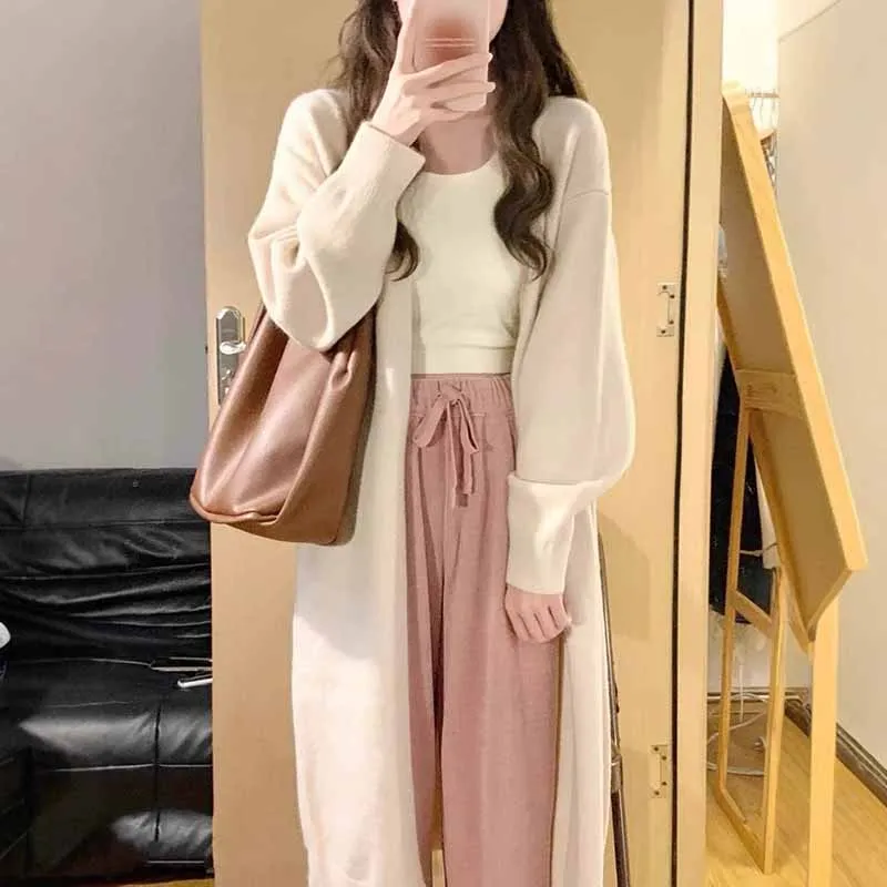 

Элегантный длинный свитер, кардиган, женский винтажный свободный вязаный верх с рукавами-фонариками, женская куртка средней длины до колена в ленивом стиле