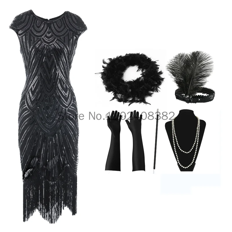 Abito da donna Vintage Great Gatsby 1920s doppio scollo a v senza maniche con perline abito con nappe di paillettes grandi accessori Gatsby