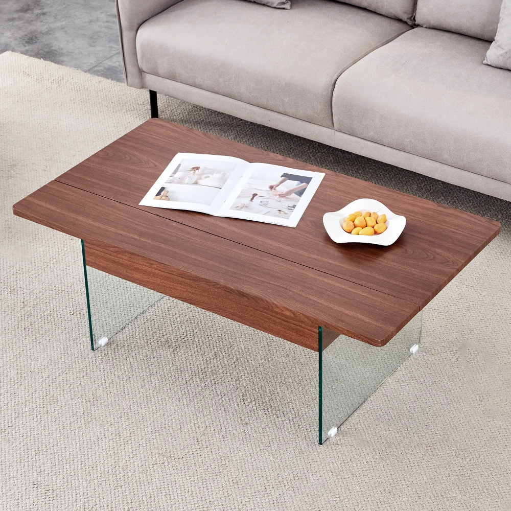 Mesa de centro elevable multifuncional, pegatina con textura de madera oscura, patas de vidrio templado, función superior elevable. Mesa de centro