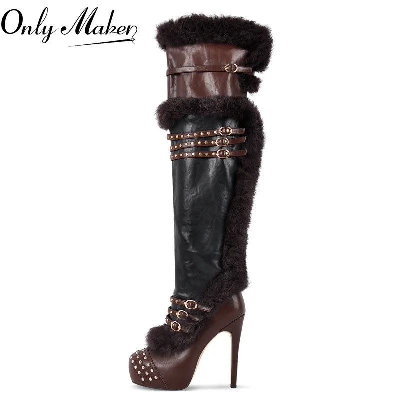 Onlymaker Women Round Toe Over The Knee Boots Platform Fur Rivet Buckle Side Zipper Wide Calf  Thigh High Boots