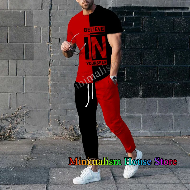 2 Piece Set Outfits Summer Tracksuit For Men Believe in Yourself Short Sleeve T Shirt+Long Pants Casual Sports Suit Male Clothes