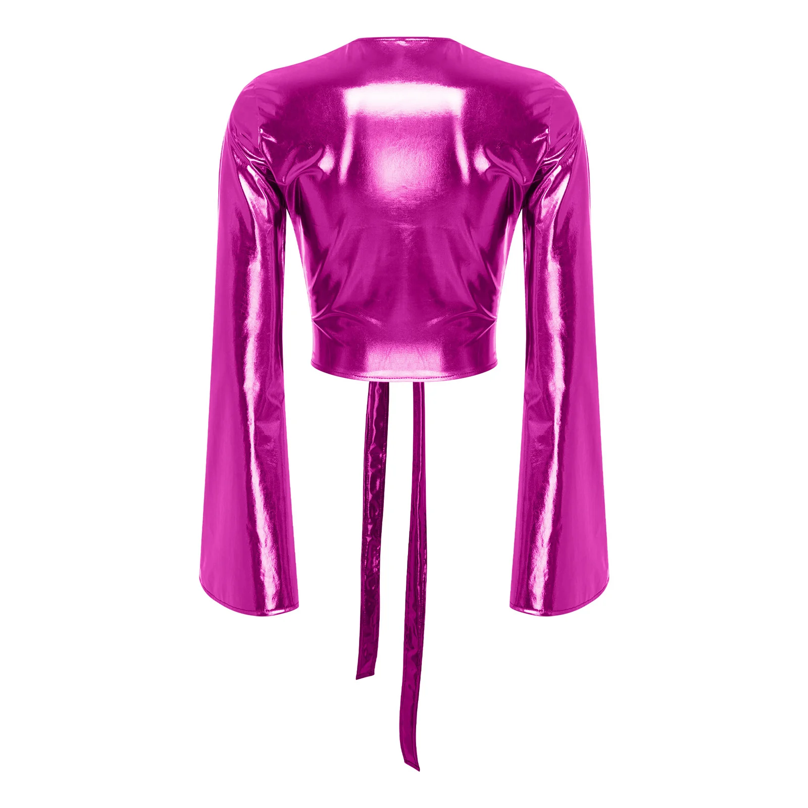 Womens Lace-Up Wrap Metallic T-shirt Tops Clubwear Long Flared Sleeves Crop Top Cover Up Workout Dance Costume Yoga Fitness