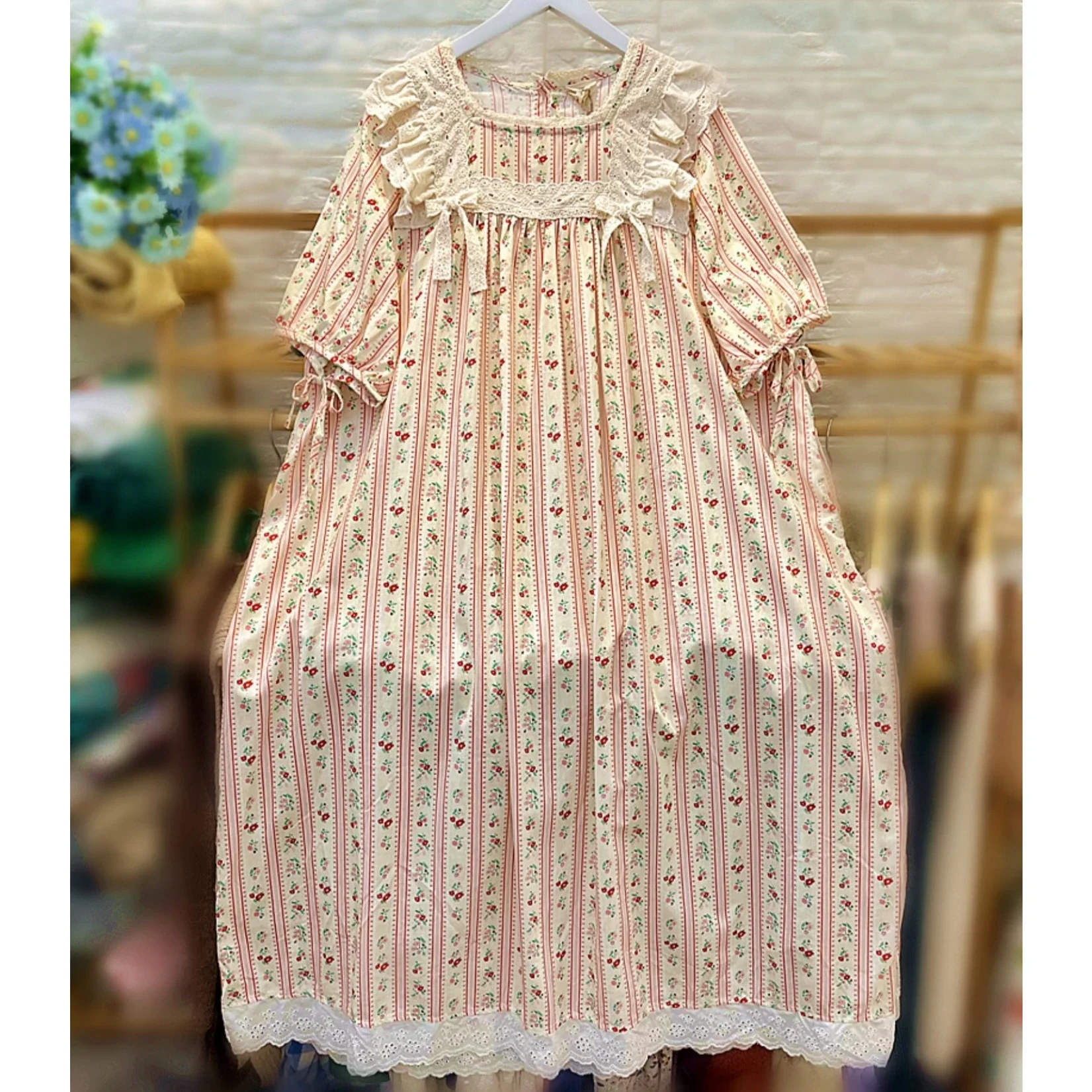 

Summer Cotton Lace Cottagecore Long Midi Dress for Women 2024 Sweet Rococo Vintage Retro Shabby Chic Kawaii Lolita Tunic Dress