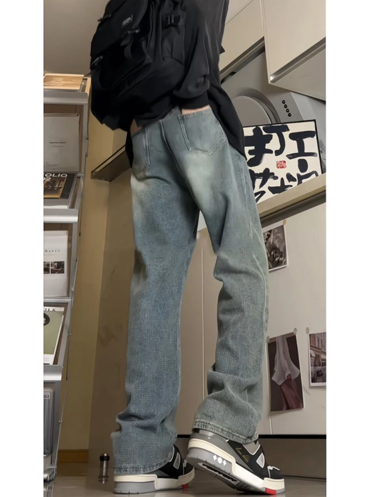 

American Retro Starry Night Denim Jeans Men's Straight Leg High Waist Cotton Polyester Blend Wear Resistant Trendy Street Sle