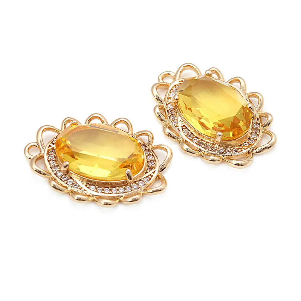 18K Gold Color Brass Zircon Glass Oval Shape Connect Charms Pendants High Quality Diy Jewelry Accessories Making Materials