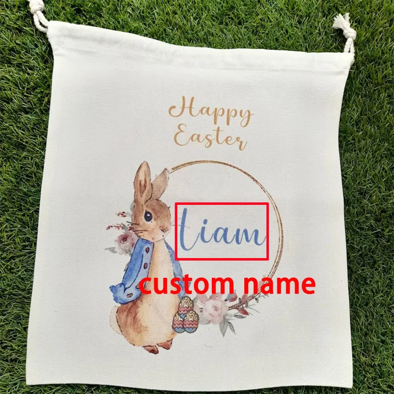 Cesta de caza de huevos personalizada para niños, bolsa de juguete de regalo para niños y niñas, conejito, conejo, primer saco de Pascua, decoración