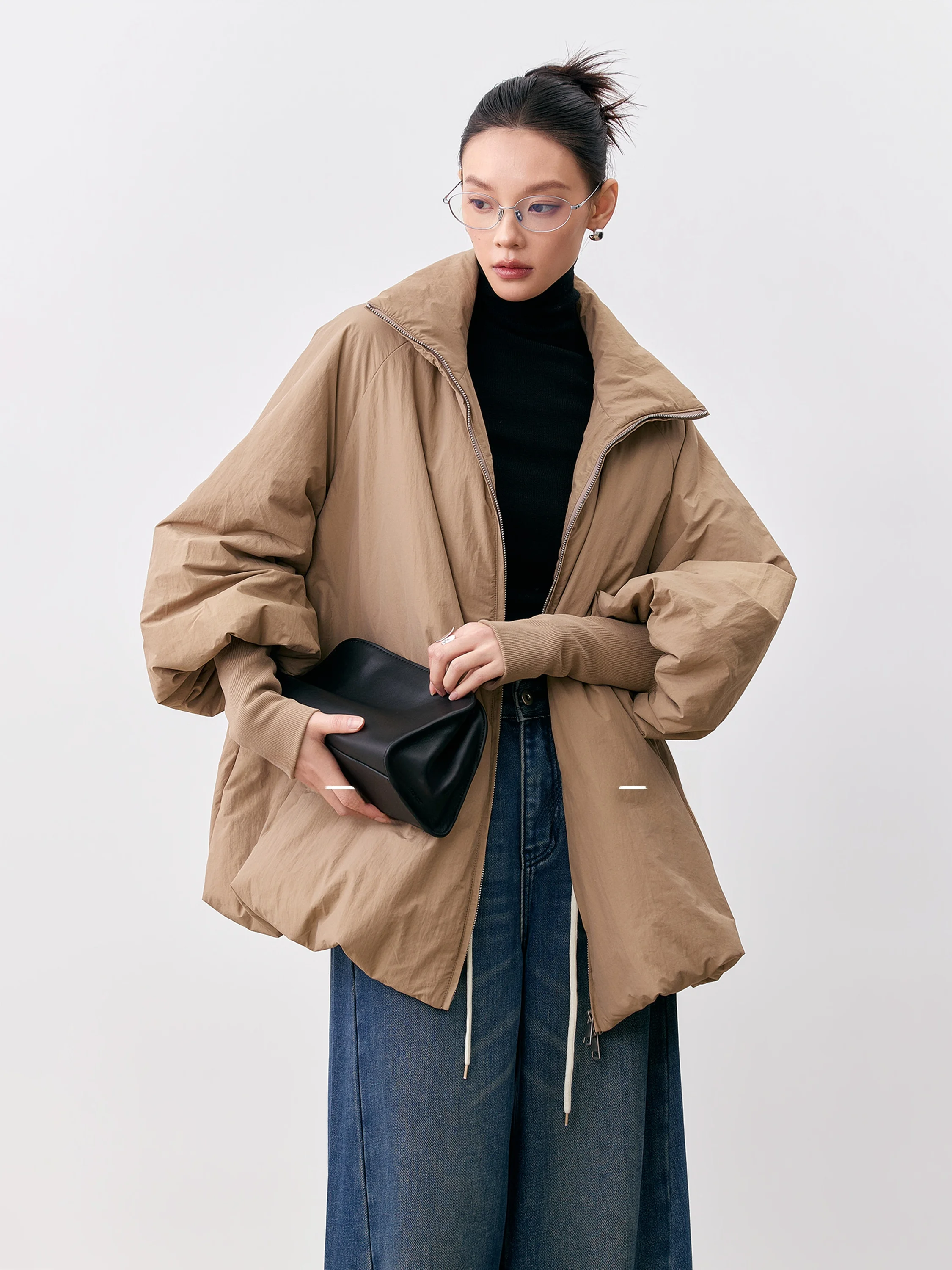 Loose Fit Long Sleeve Cotton Wool Jacket with Zipper Stand Collar Flower Bud Sleeves New Design 2025 Winter Fashion Ladies Coat