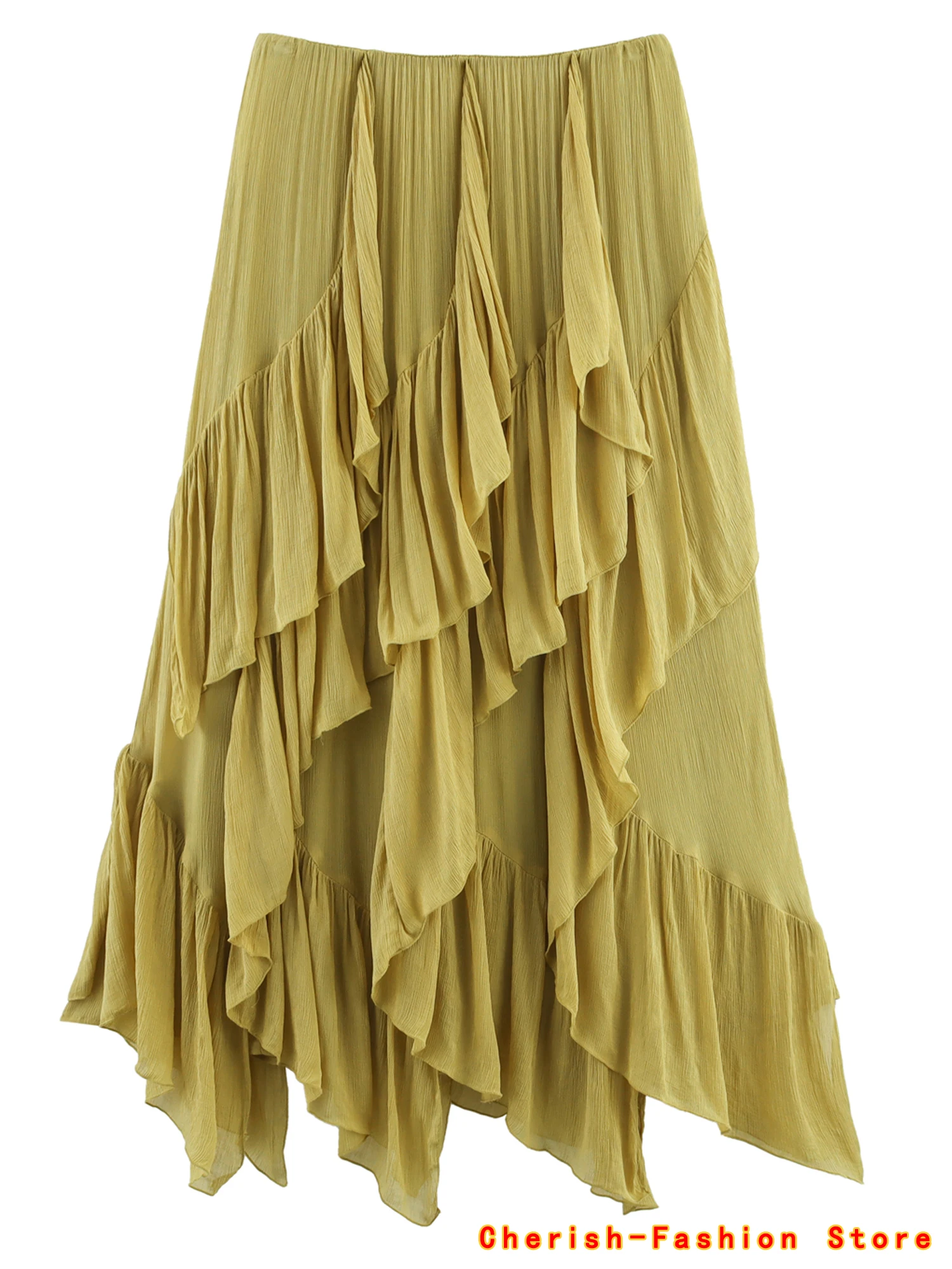 Topenomi Fata Gonna arricciata a strati Donna Estate Semplice Solido Elastico in vita A-line Gonne lungheK Moda Versatile Юбка