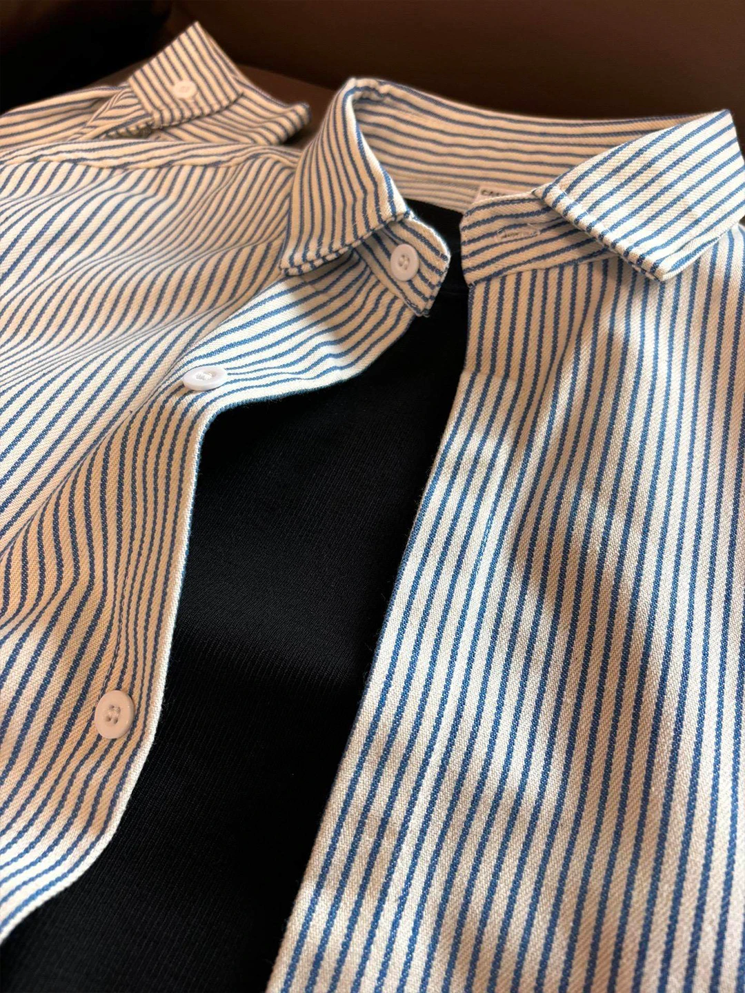 Loose Fit Striped Shirt Spring Season Men's Style Retro Japanese Inner Wear Layered Shirt Couple's Turn-down Collar Jacket