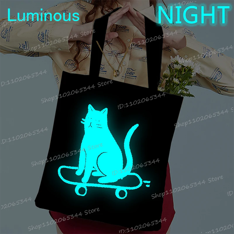 حقائب كتف نسائية خفيفة الوزن مضيئة موضة لوح التزلج القط قماش حمل حقيبة التسوق للمتسوقين حقيبة يد لا سستة فتاة حقائب اليد