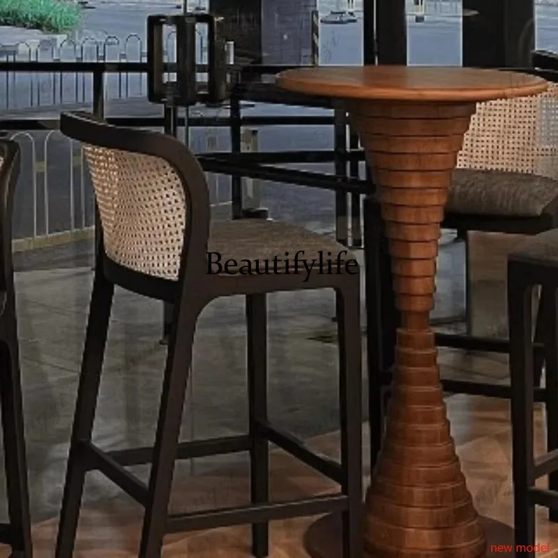 

Nordic Back Bar Stools High Modern Rattan Wooden Household Backrest Kitchen Bar Stools Dining Vintage Barkruk Home FurnitureF132