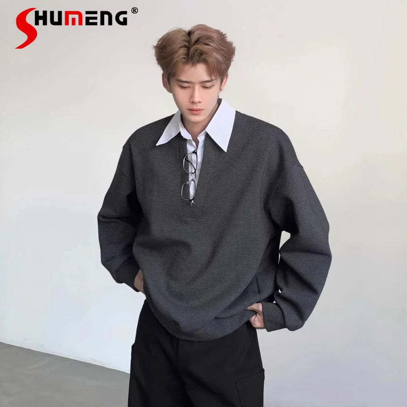 

Модные мужские свитшоты с имитацией двухслойности и воротником-рубашкой, весна 2026, высококачественные стильные топы, свободные комфортные трендовые куртки с элементами пэчворка