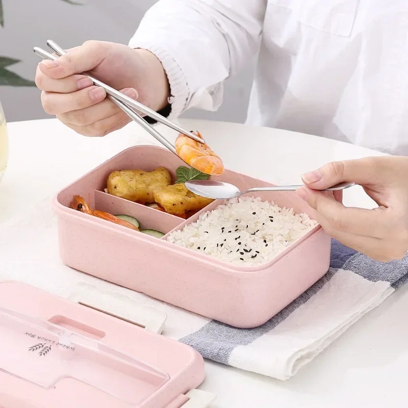 Scatola per il pranzo a microonde Bento Box in paglia di grano con stoviglie contenitore per la conservazione degli alimenti bambini Kids School Office Bento Box portatile