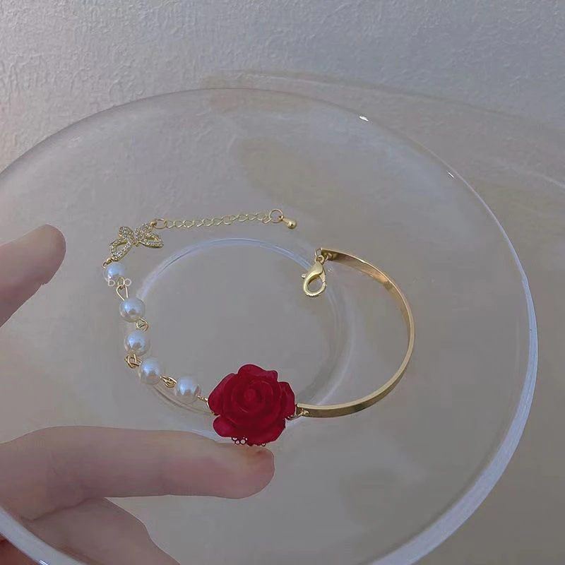 Korean Style Red Rose Imitation Pearl Bracelet For Women Light Luxury Flower Butterfly Adjustable Cuff Bracelet Wedding Jewelry