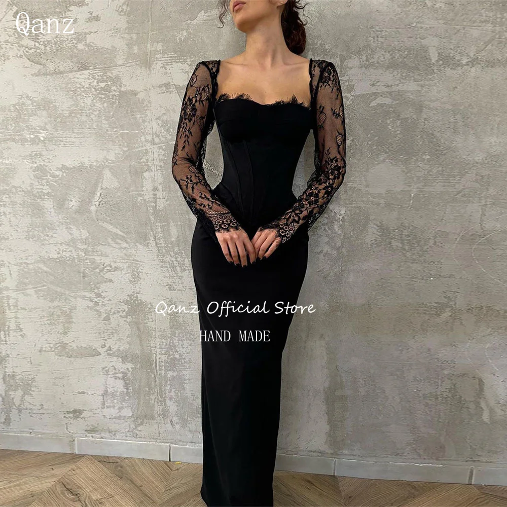 Qanz Dubai Evening Dresses Mermaid Black Satin Sheer Long Sleeves Lace Abito Cerimonia Donna Gala Jurken Dames 2025 Customized