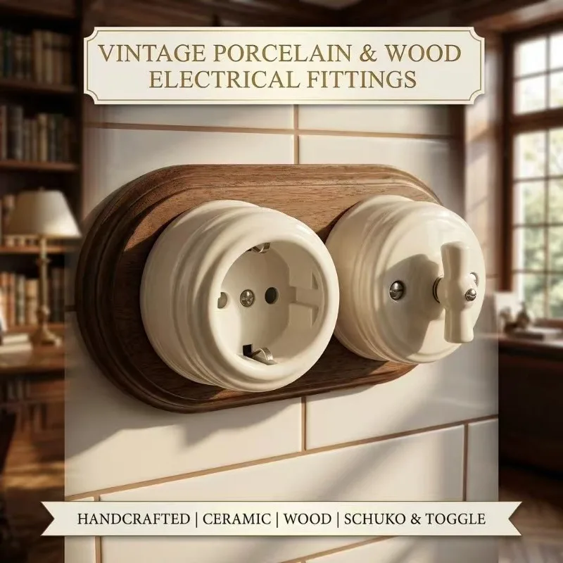Surface Mounted Retro Ceramic Switch EU Power Socket Outlet Vintage Porcelain Light Switch Solid Wood Base Sold Separately