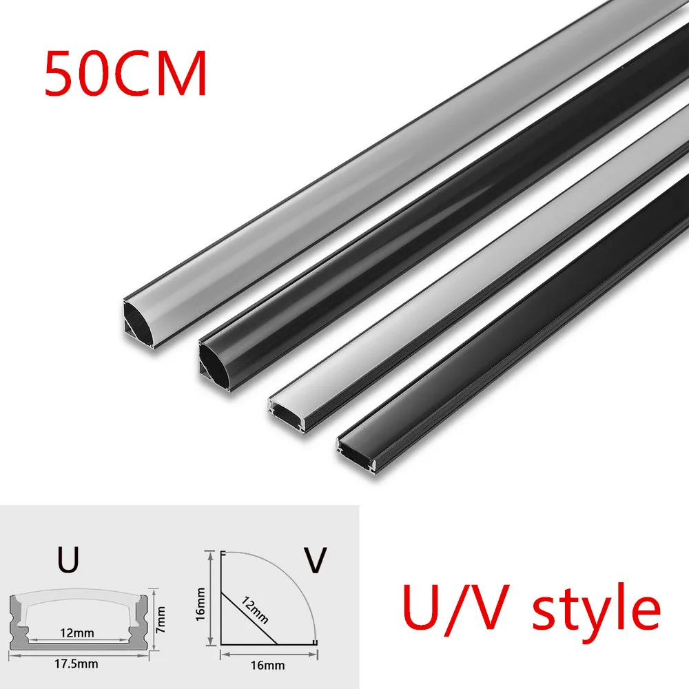 

1-30PCS/Lot 0.5m Black V/U LED Aluminum Profile For 5050 5630 Channel Holder Milky Cover Cabinet Closet Linear Bar Strip Lights