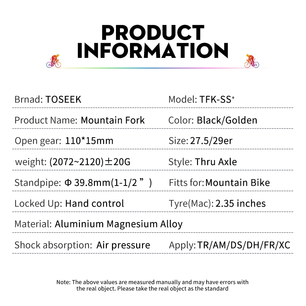 TOSEEK TFK-SS Magnesium Alloy MTB Bicycle Vertebra Fork 27.5/ 29er Inch Mountain Bike RL120mm Air Suspension Fork