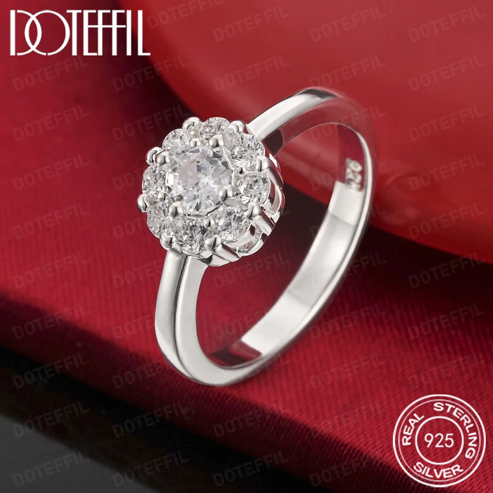 925 Sterling Silver Flower Large AAA Crystal Ring For Woman Man Fashion Wedding Engagement Party Gift Charm Jewelry
