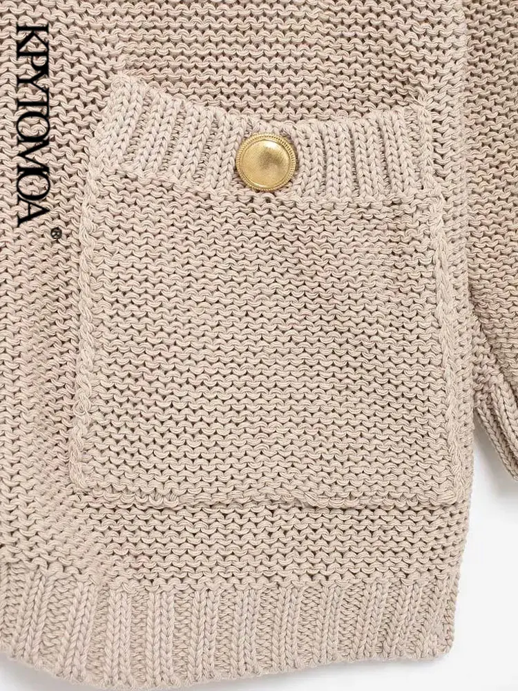 KPYTOMOA kobiety sweter dziergany sweter ze złotymi guzikami z przodu naszywane kieszenie pół rękawy damska odzież wierzchnia elegancki Top moda