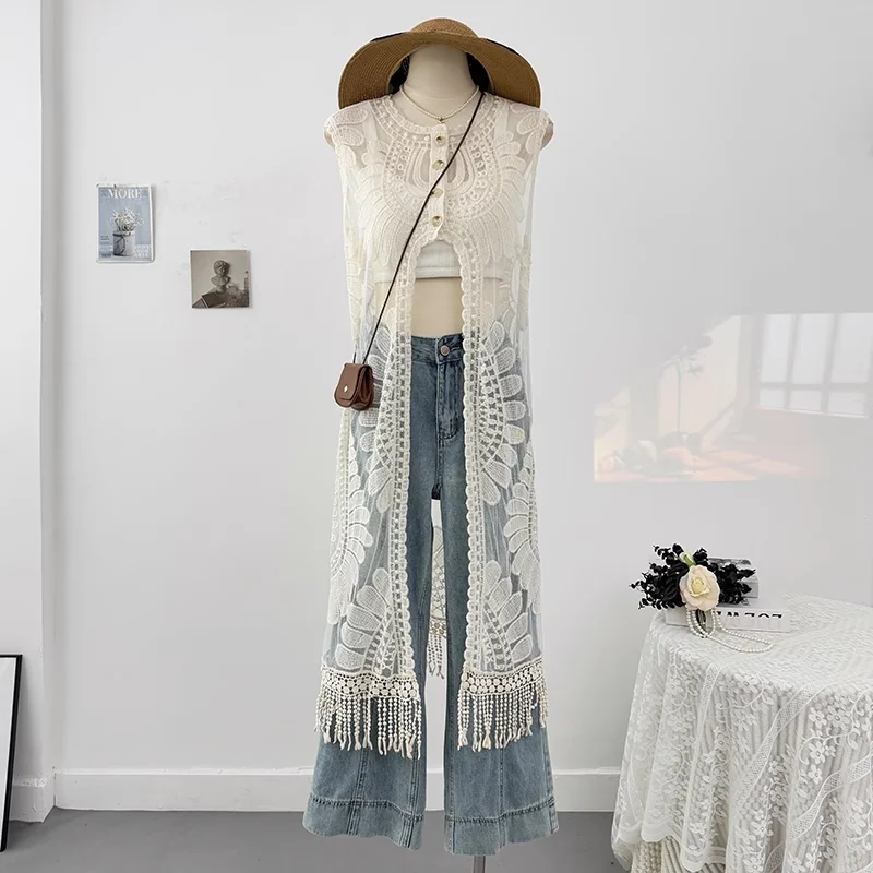 Robes d'été femmes col rond crochet fleur conception fendu gland mi-longue Robe sans manches chevauchement Robe décontractée