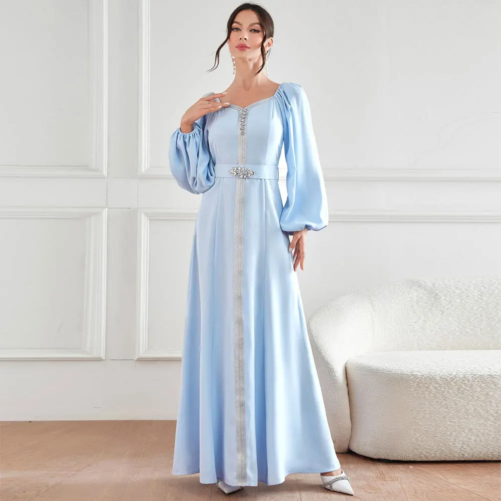 Abaya For Women Ramadan Gurban Puff Sleeves Museum Fashion 2023 Autumn New Style Elegant High Waist Studied Diamond Dress Robe