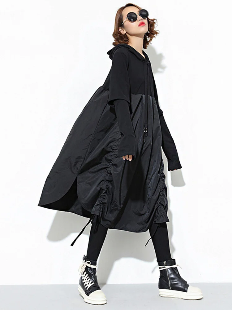 

2022 New Spring Hooded Long Sleeve Drawstring Black Fold Split Joint Loose Long Dress Women Fashion Tide