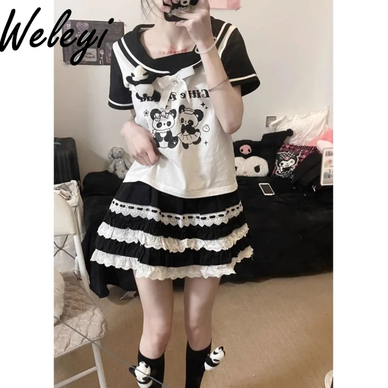 

Women's Y2k Two Piece Japanese Style Asian Style Culture Sailor Collar Sweet Short Sleeved Top Graphic T Shirt Cake A Line Skirt